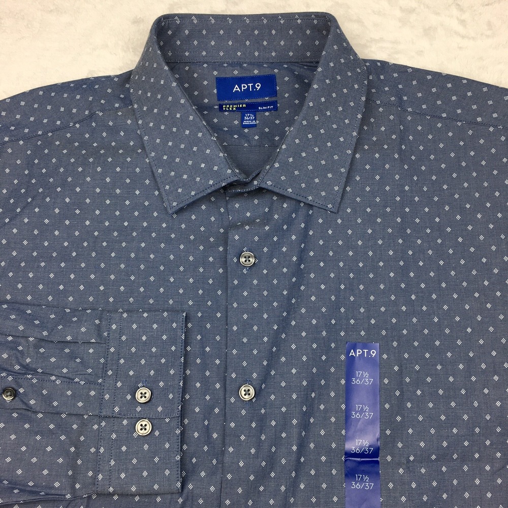 APT. 9 Dress Shirt Mens 17.5-36/37 Gray Print Premier Flex Slim‎ Fit NWT!